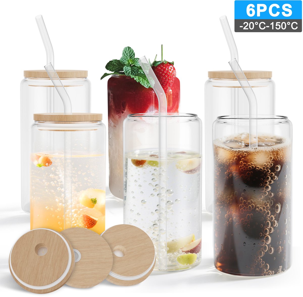 NAIZY Drinkglazen met deksel en rietje 550ml glazen bekers glazen glazen met reinigingsborstel matcha glazen glazenset voor ijskoffie latte macchiato cocktails, 6 stuks