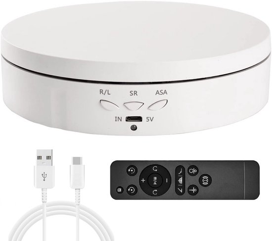 Witte draaiplateau met USB-kabel en afstandsbediening.