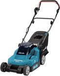 Turquoise en zwarte Makita grasmaaier met 36V batterij indicator, 380mm snijbreedte.