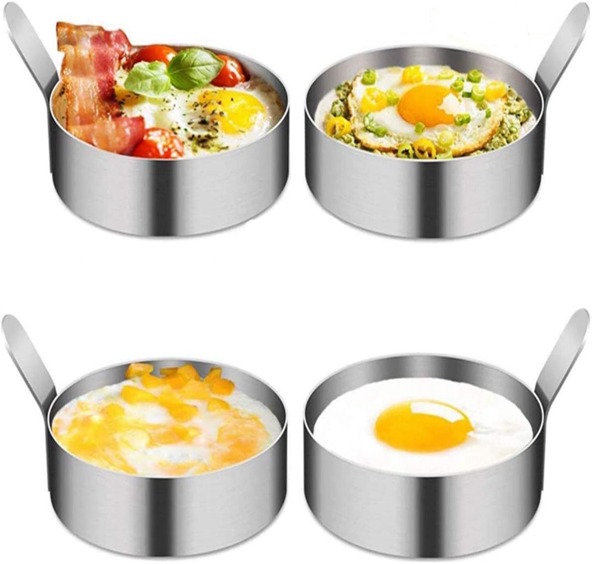 TOVBMUP 4 Stuks Omelettpan - Eiring voor Spiegelei en Pannenkoeken - 9cm Diameter - Anti-aanbaklaag, Hittebestendig, Makkelijk Schoon te Maken, Niet Vervormbaar, Roestvrij - Geschikt voor Inductie, Keramisch en Gasfornuis - Roestvrij Staal