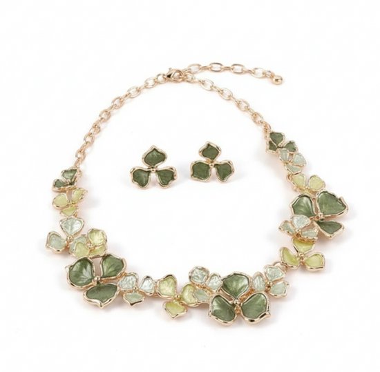 Collier vert et doré avec fleurs pour femme, avec boucles d'oreilles incluses – ensemble de bijoux avec motif floral