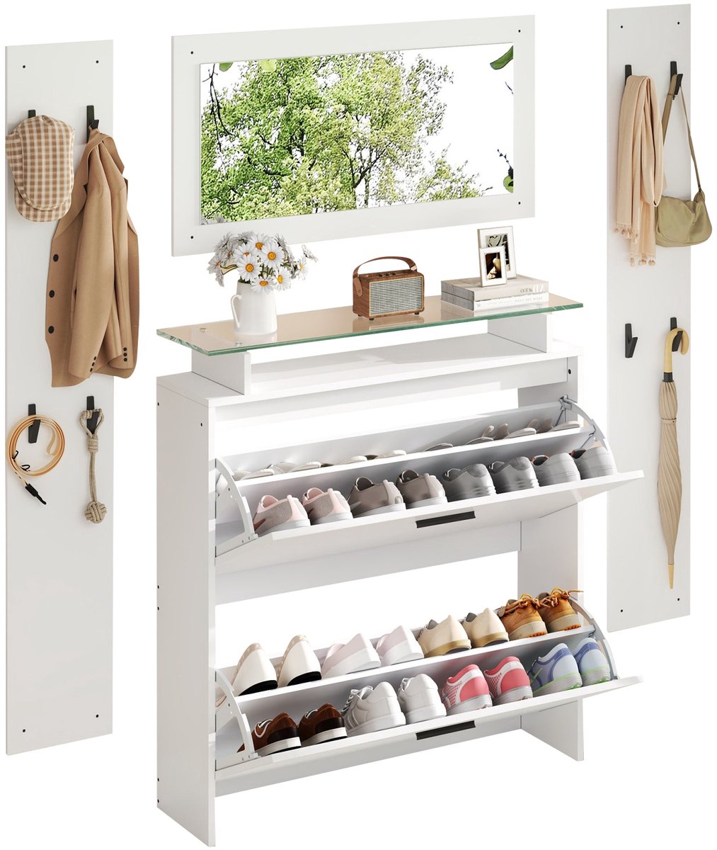 Merax Garderobeset 4-delig met Spiegel Schoenenkast en Kapstok 89.5x23x96.5 cm Wit