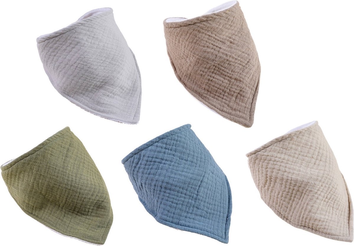 Image of 5 Stuks Hydrofiele Baby Slabbetjes met Badstof – Groen / Beige Mix – 0-6 maanden