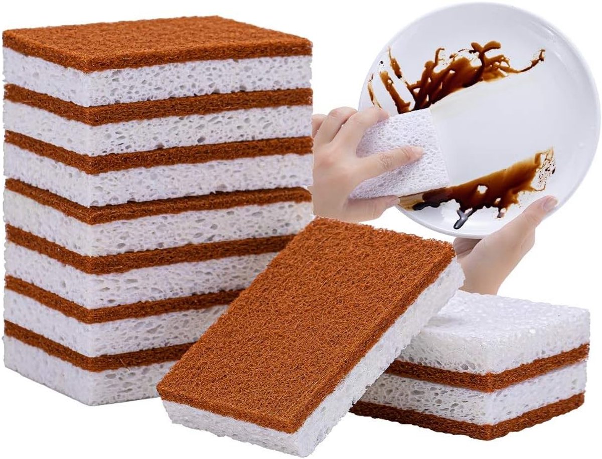 JeiibrZui Natuurlijke scrubspons op plantenbasis, 5-pack, scrubspons van palmvezels met krasvrije, biologisch afbreekbare en composteerbare sponzen, langdurige, geurloze afwasborstel voor in de keuken
