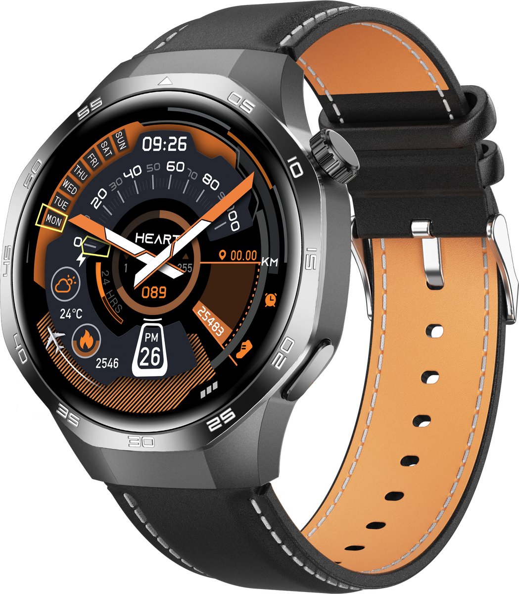 Knobbout 1.53" Scherm Stijlvolle Sport Smartwatch – NFC- Kompas, Hoogtemeter, Barometer-Bluetooth Bellen - Draadloos Opladen - hartslag, bloeddruk, zuurstofgehalte (SpO₂) - AI Assistent - medicatie innemen alert - Zwart Leren + Siliconen Band