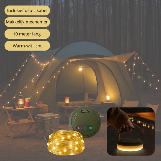Niba® Accu Camping Lamp met 10m LED Lichtsnoer – 1800mAh – Oplaadbaar via USB-C – Warm Wit – Powerbank – String Lights voor Tent, Camper & Tuin — afbeelding 3
