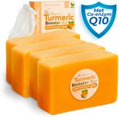 Vier oranje Turmeric Booster Bars met Co-enzym Q10, inclusief een zakje.