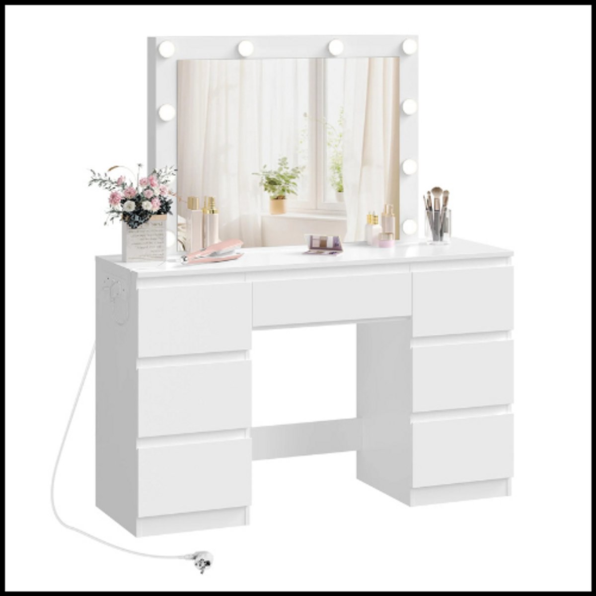 Kaptafel met LED-verlichting - kaptafel voor meisjes en vrouwen - 7 lades - groot spiegeloppervlak - wit E1-hout - met USB en stopcontacten - makeup desk met ruime opbergruimte - modern en multifunctioneel design