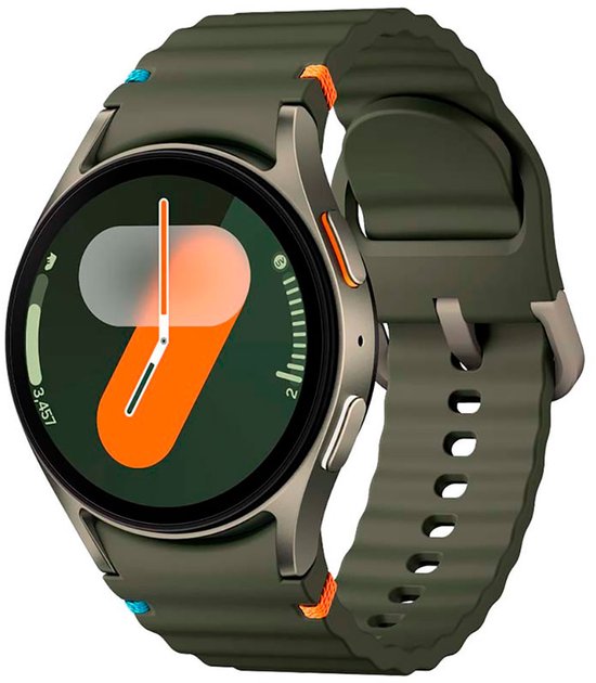 Groene smartwatch met oranje en blauwe accenten op de band. De wijzerplaat toont '3,457' stappen.