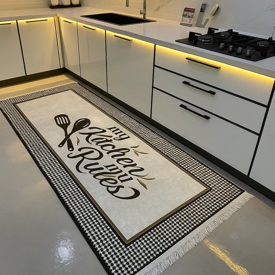 Tapis de cuisine avec le texte 'my Kitchen my Rules' et ustensiles de cuisine, bordure pied-de-poule.