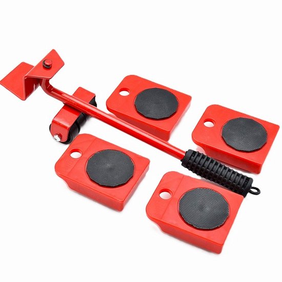 Rode meubelroller set met hefstang en vier rode rollers met zwarte antislippads, op witte achtergrond.