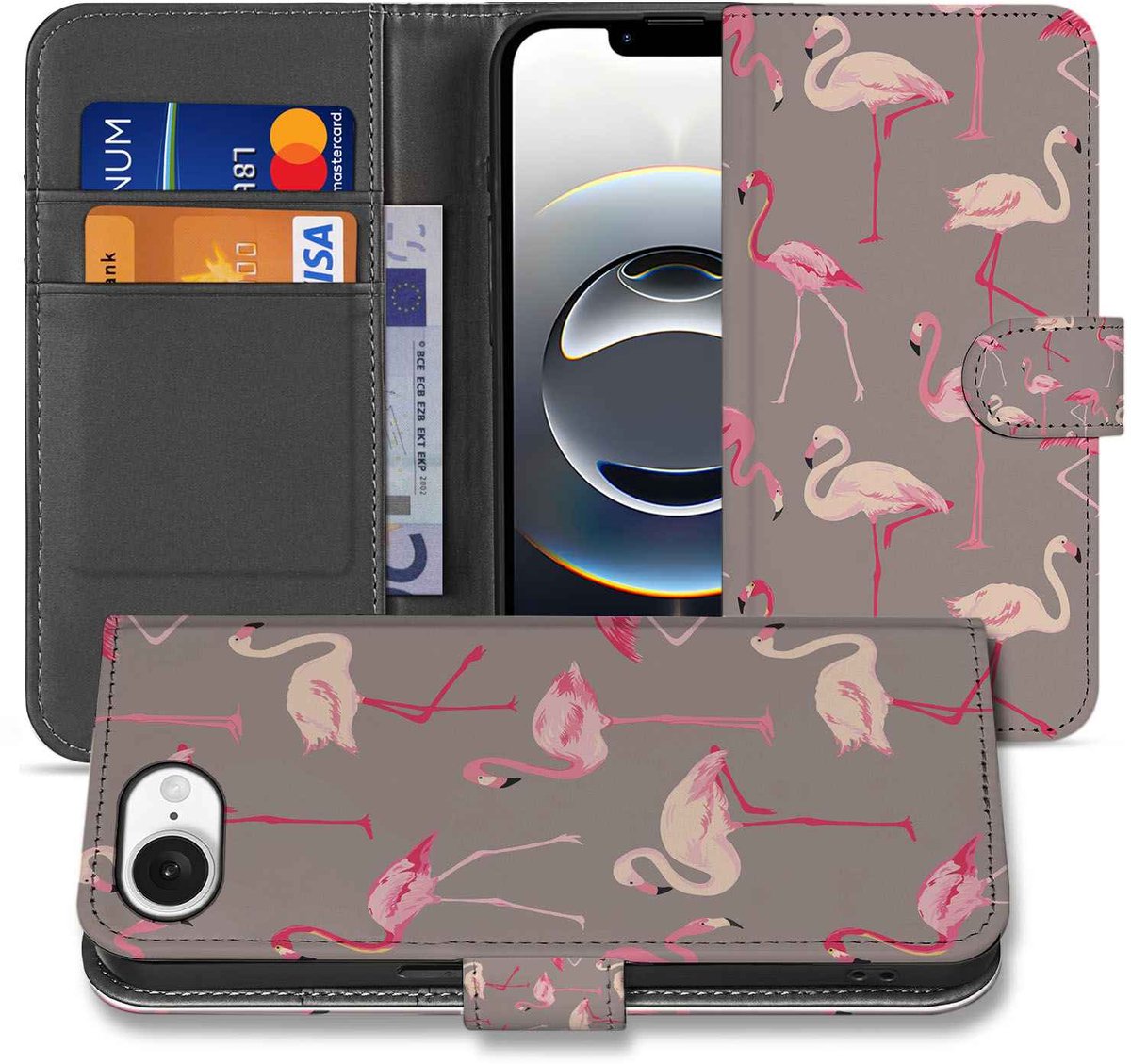 Book Case voor iPhone 16e/17e Telefoonhoesje met Pasjes Flamingo