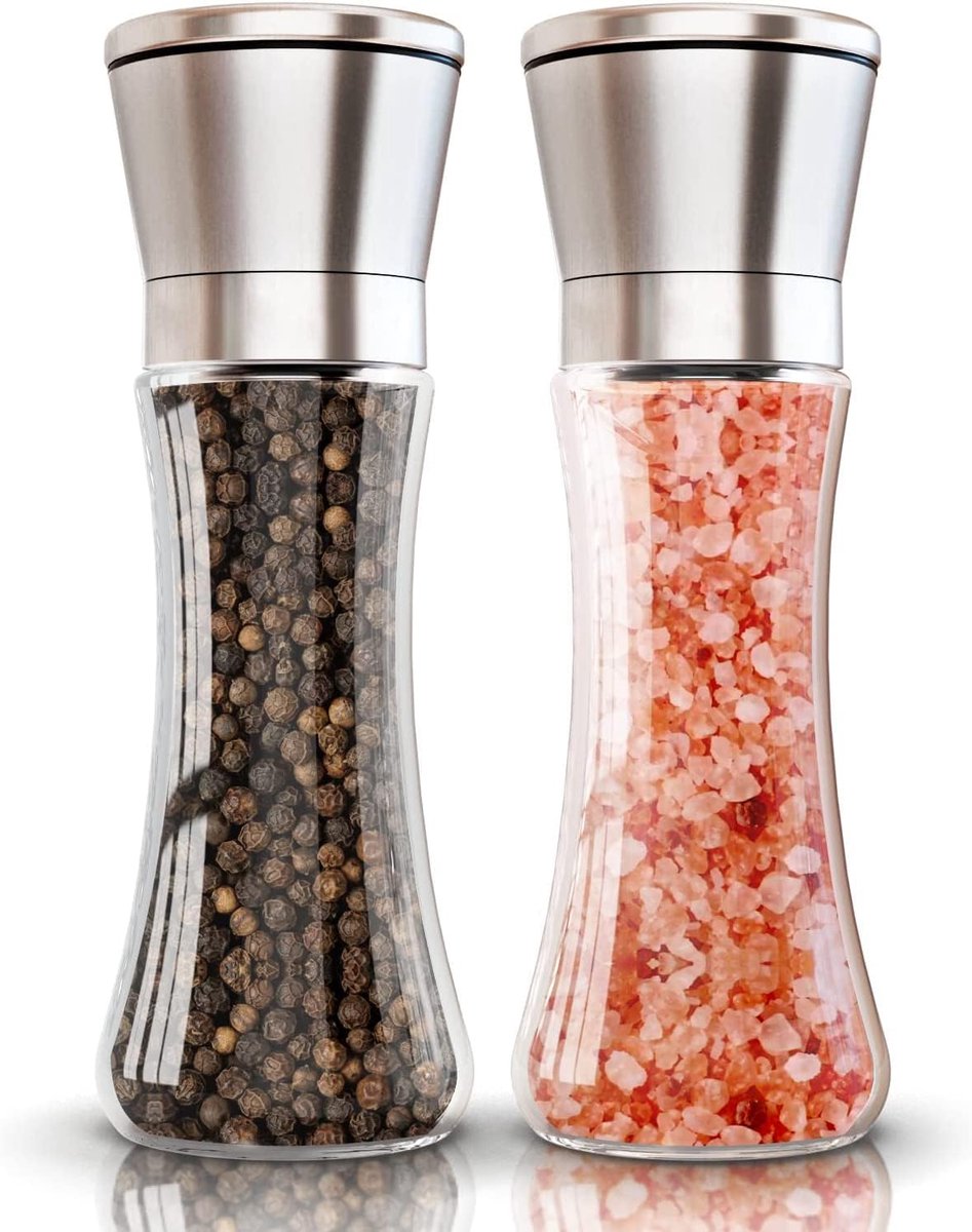 Grinder - Set van 2 - Voor Zout en Peper - Verstelbare Grofheid Grof & Fijne Zout Shakers - Premium Glas Body - Roestvrijstalen Deksel - Zout en Pepermolens - Handmatige - Voor Verschillende Kruiden