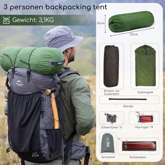 Naturehike® Opalus 3 - 3 persoons tent - Lichtgewicht tent - Incl. grondzeil - 20D 4000MM - Outdoor - Waterdicht - 4-seizoenen - Hiking & Wandelen - Kampeertent - koepeltent - Trekkerstent van Naturehike — afbeelding 4