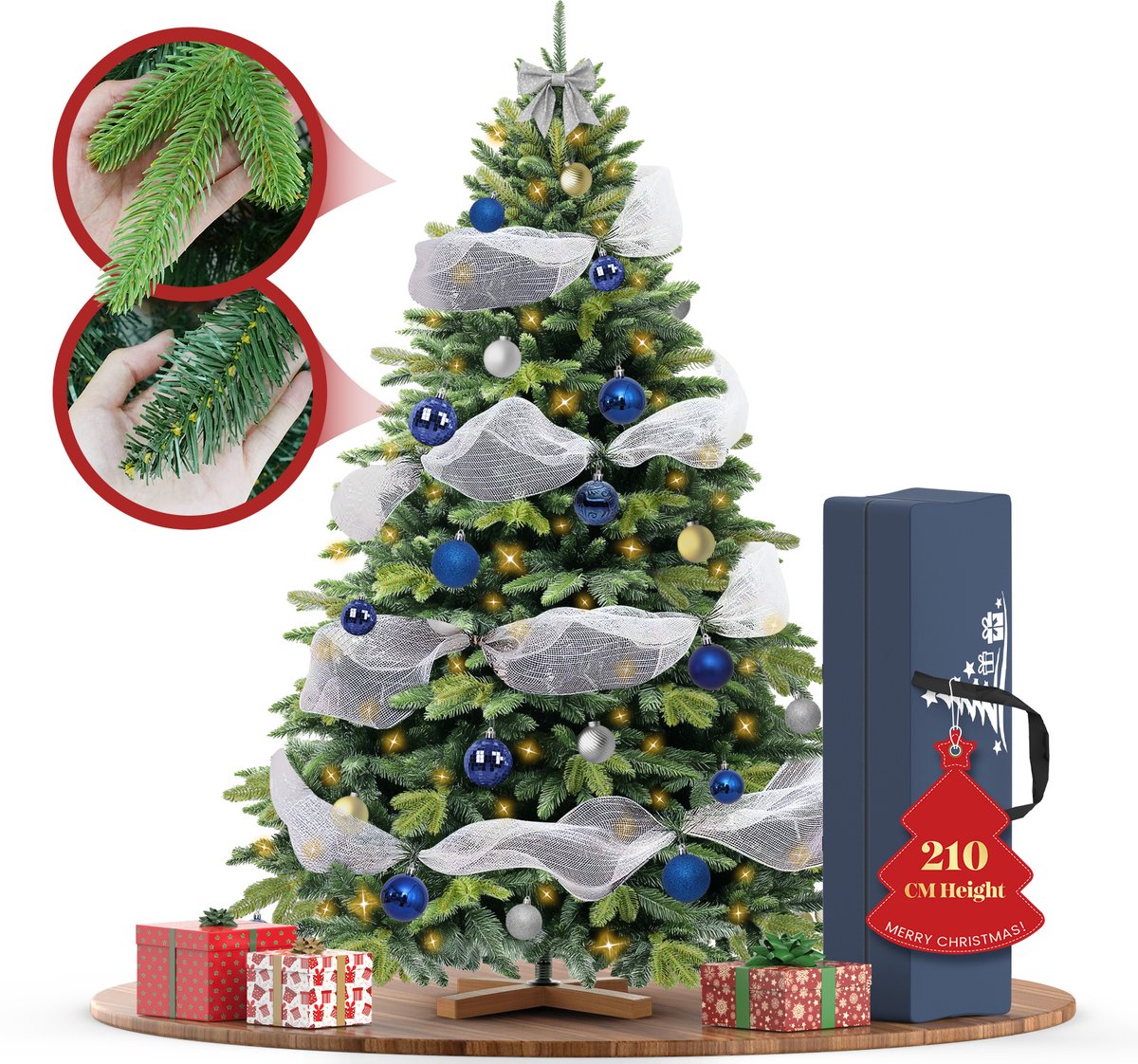 210 cm Premium Kunstkerstboom-Levensechte Kunstmatige PVC + PE Spar, Kerstboom Met LED Verlichting, Houten Standaard, Opbergtas, Decoratieve Accessoires, Beschermende Handschoenen, Dichte Takken, Vlamvertragend