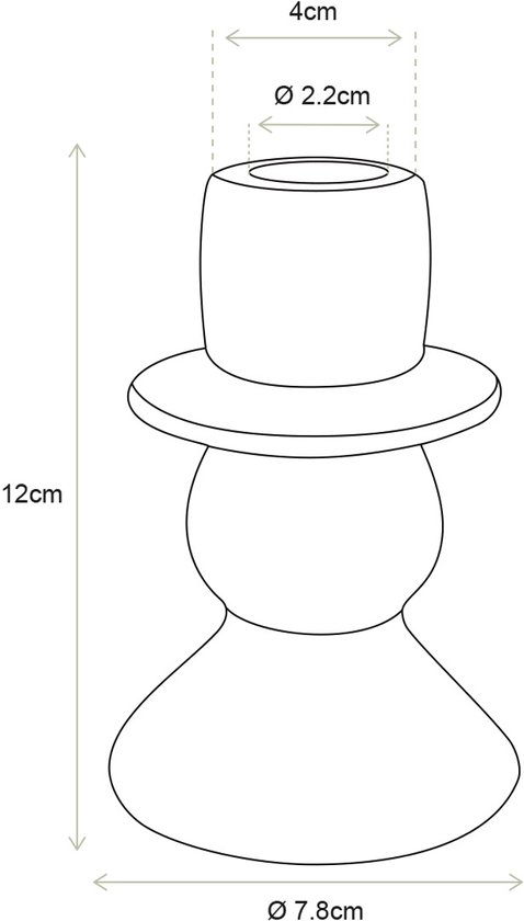 Schematische tekening van een kandelaar met afmetingen: 12cm hoog, 7.8cm breed, 4cm diep, met een gat van 2.2cm.