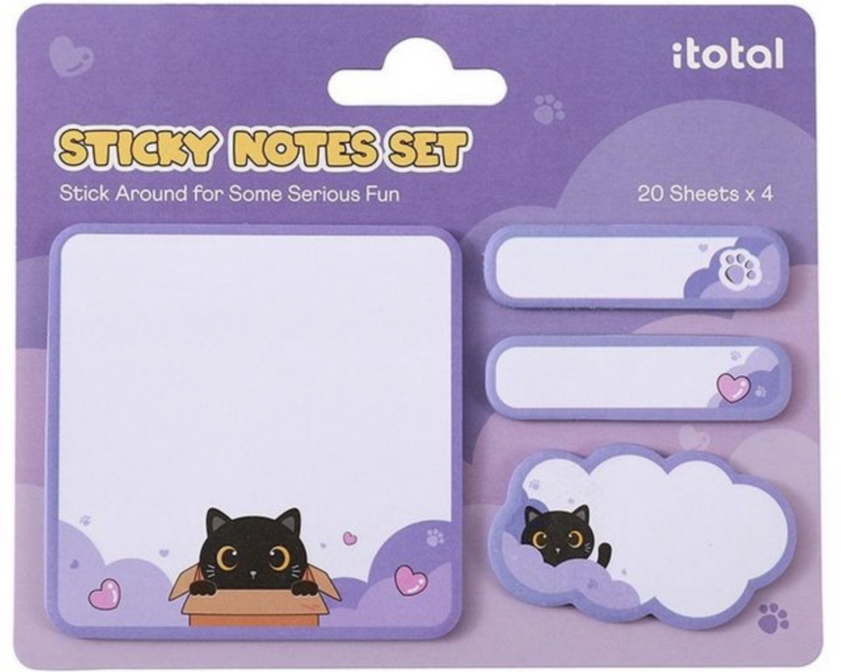 iTotal Sticky Notes Sets Kleverige Notities “Black Cat” 4x20 sheets 74x74, 15x55, 33x55mm 20gr