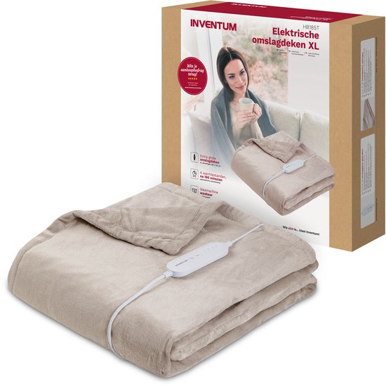 Inventum HB185T elektrische verwarmde bovendeken 180x130 cm - Eenpersoons - 4 warmtestanden - Uitwasbaar - Automatische uitschakeling - Fleece - Taupe