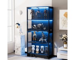 Pugsdrly Vitrinekast van gehard glas met bewegingssensorverlichting 3CCT, vitrinekast met 4 niveaus voor verzamelobjecten, opbergrek met glazen deuren, boekenkast, vitrinekast, zwart