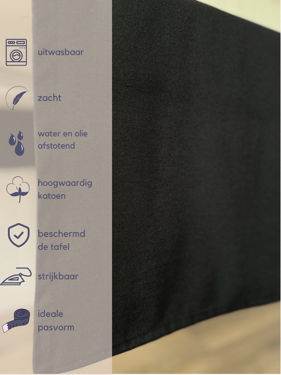 Zwarte tafelloper van katoen, water- en olieafstotend en strijkbaar.