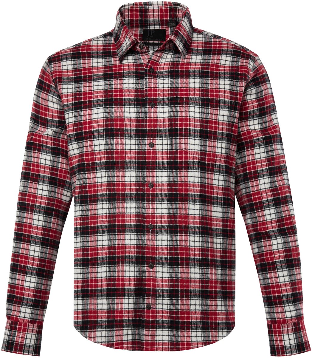 JP 1880 - Heren - Geruit flanellen overhemd lange mouw kentkraag Modern Fit - Purperrood - Maat XL