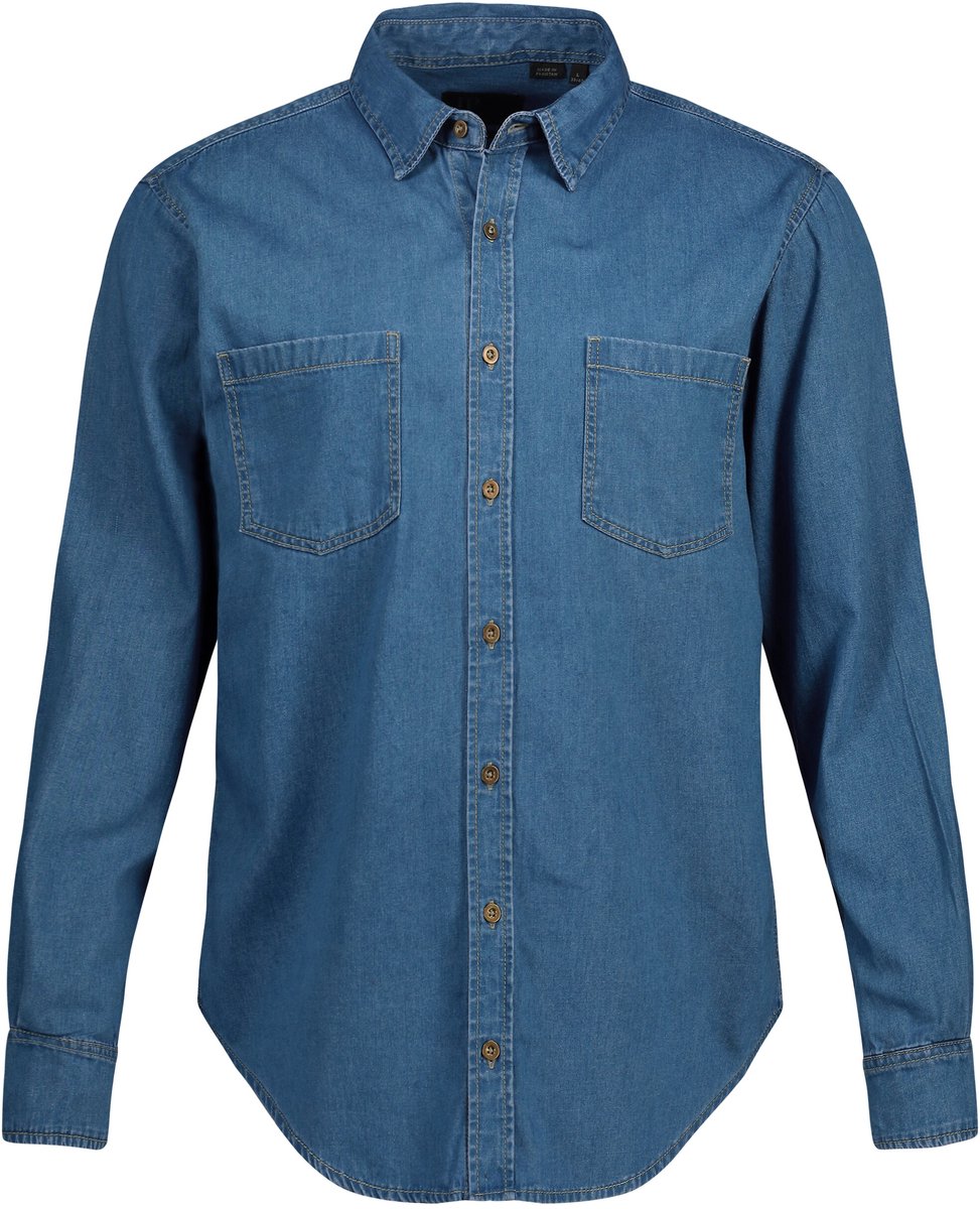 JP 1880 - Heren - Jeansoverhemd lange mouwen kentkraag moderne pasvorm - Blauw denim - Maat 8XL