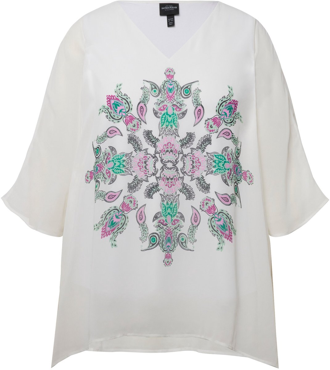 Ulla Popken - Dames - Tuniek dubbelgelaagd oversized V-hals halve mouwen - Groen blauw - Maat 46+