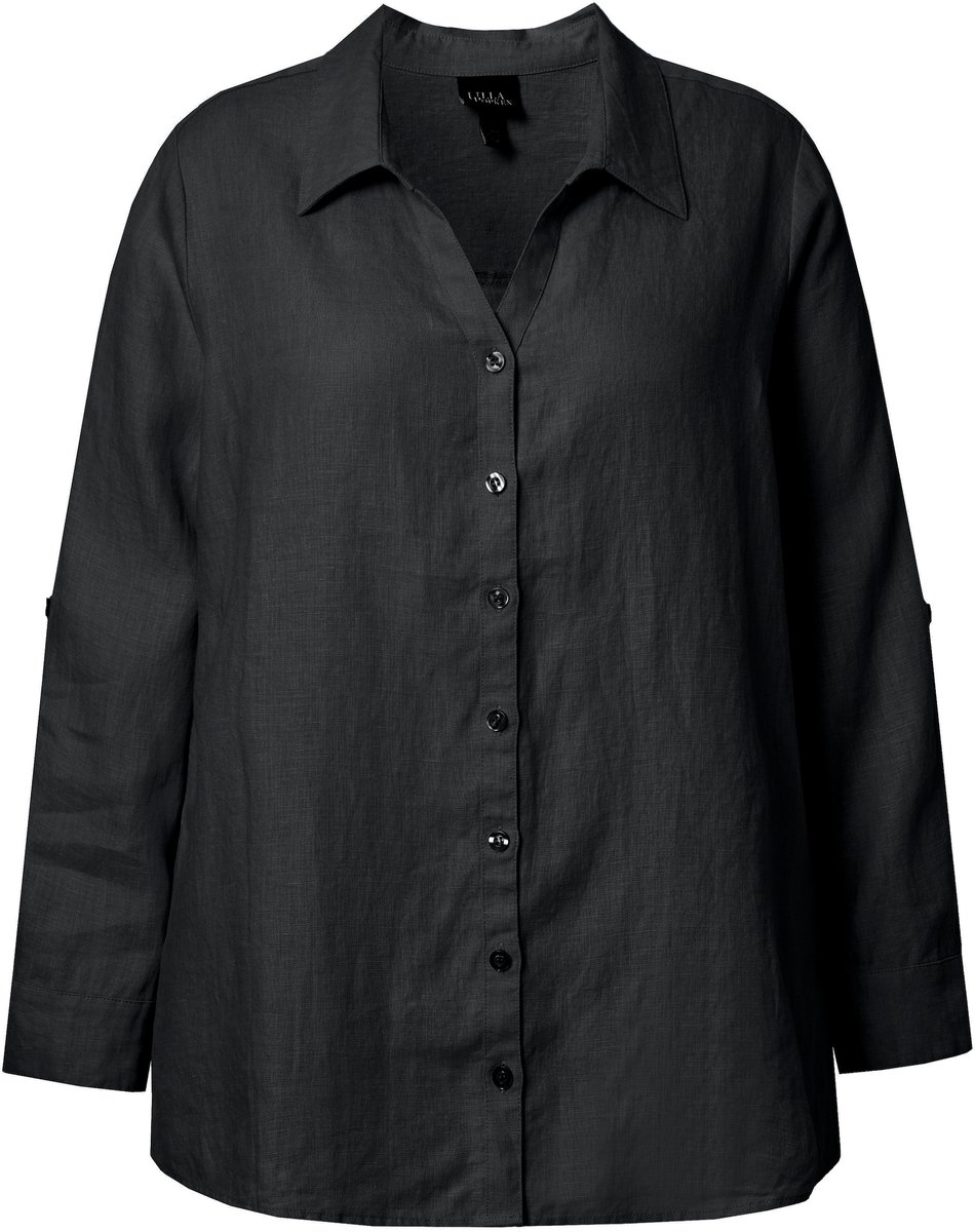 Ulla Popken - Dames - Blouse linnen open kraag lange mouwen - Zwart - Maat 54+