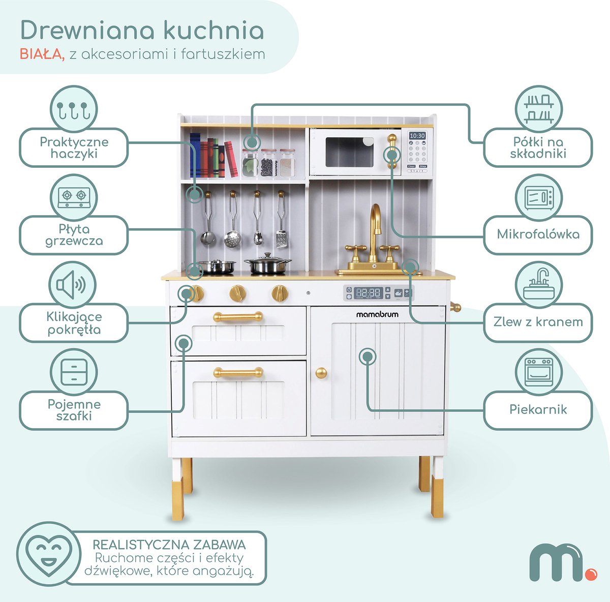 Mamabrum Houten Kinderkeuken 3+, kinderkeukenset met accessoires en schort, wit speelgoedfornuis met magnetron, oven, gootsteen en pannen