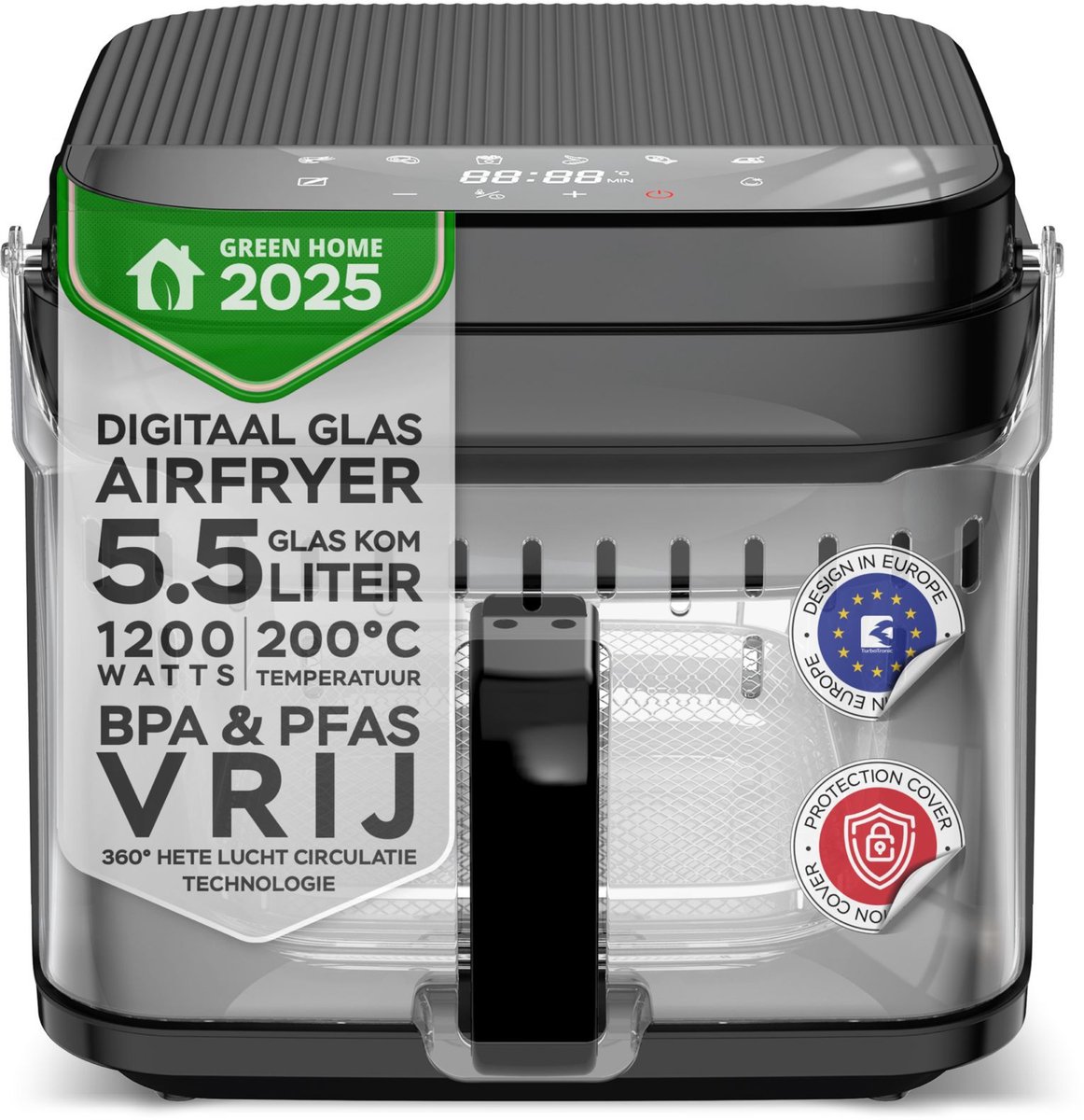 Turbotronic AFG5 Airfryer XXL met glazen bak- BPA & PFAS Vrij - 5.5L - Heteluchtfriteuse - Dual Heating - 40ºC tot 200ºC - 8 Kookprogramma's - Zwart — afbeelding 1