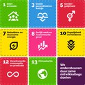 Poster met de 17 duurzame ontwikkelingsdoelen van de VN, met iconen en Nederlandse tekst.