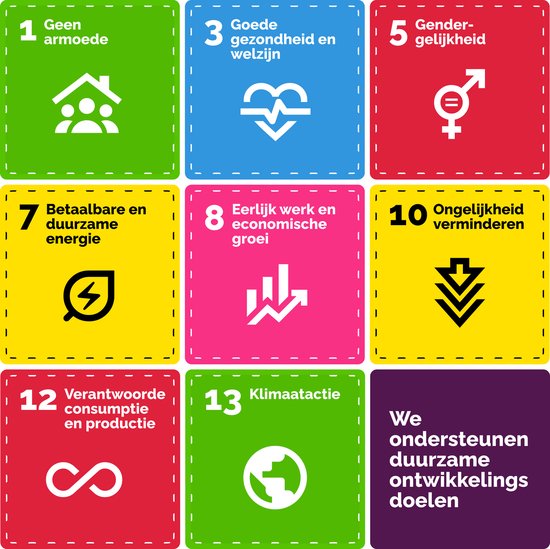 Poster met de 17 duurzame ontwikkelingsdoelen van de VN, met iconen en Nederlandse tekst.