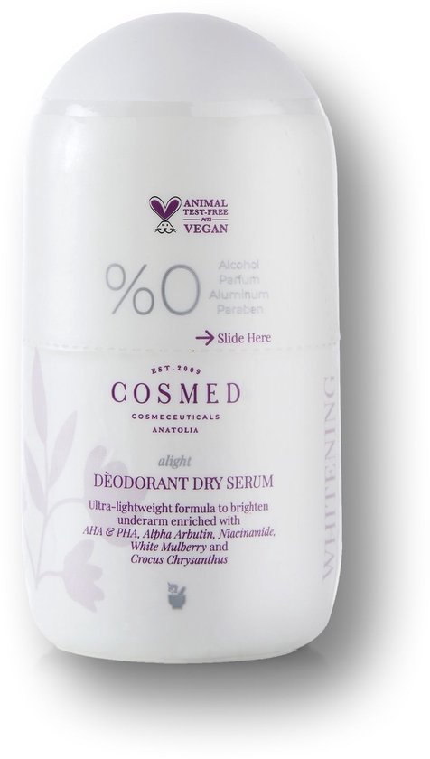 Cosmed Alight Deodorant Dry Serum roll-on flesje met de tekst 'Animal Test-Free', 'Vegan', '%0', 'Alcohol', 'Parfum', 'Aluminium', 'Paraben'.