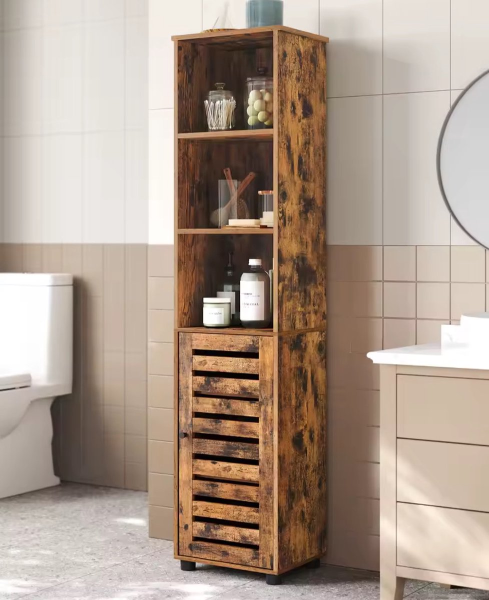 Opbergkast - Badkamerkast - Hoge Kast - 3 Open Compartimenten - Draaideur - Verstelbare Planken - Industrieel - Bruin - Bewerkt Hout - 40 x 30 x 167 cm