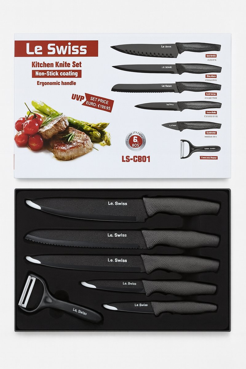Messenset -6 Delig - Messen Set - Koksmes / Broodmes / Utility mes / Pizzmes / Schilmesje - Zwart