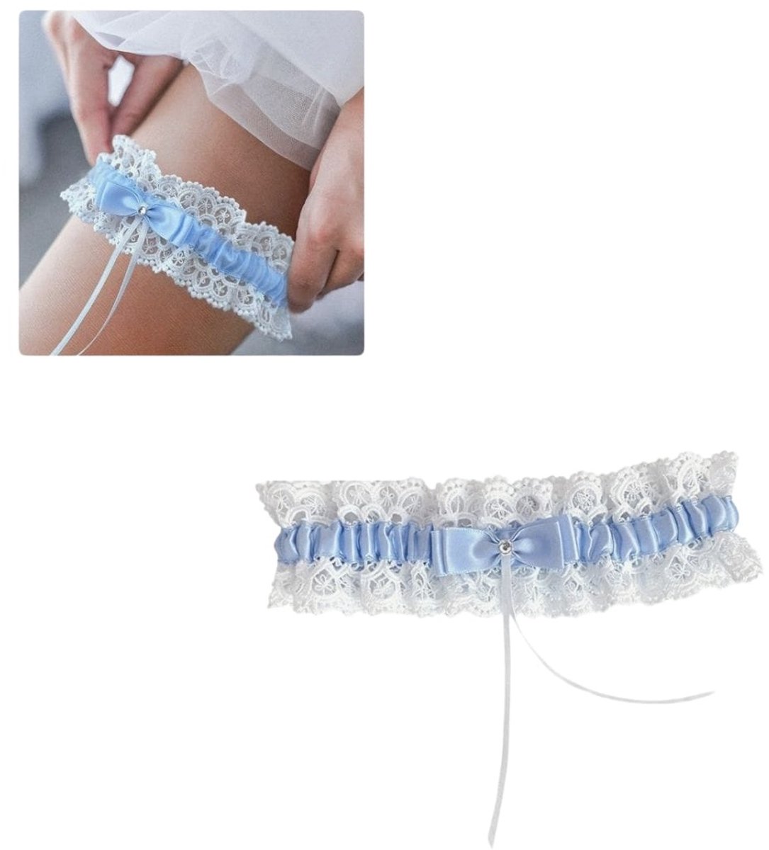 Kousenband kant met strikje Blauw- Weddingfashion band bruiloft Vintage| Bruiloft - Trouwen - Stretch - Bruid accessoire - Vrijgezellenfeest- Huwelijksnacht