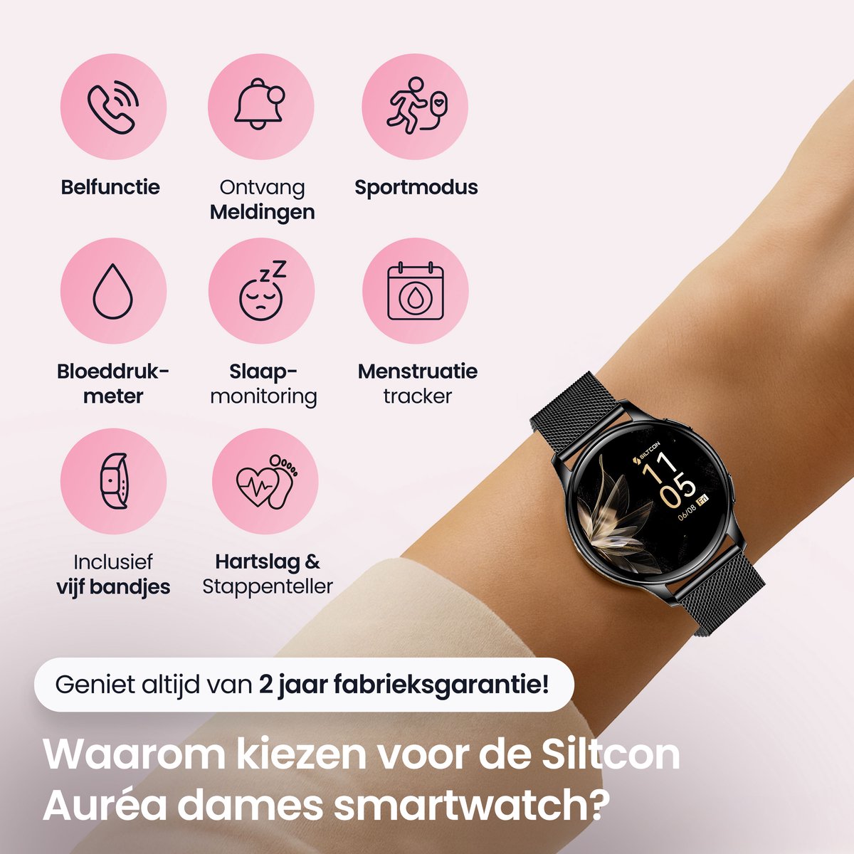 Inwealth Siltcon® Auréa Smartwatch met Hartslagmeter en 5 Bandjes - afbeelding 2