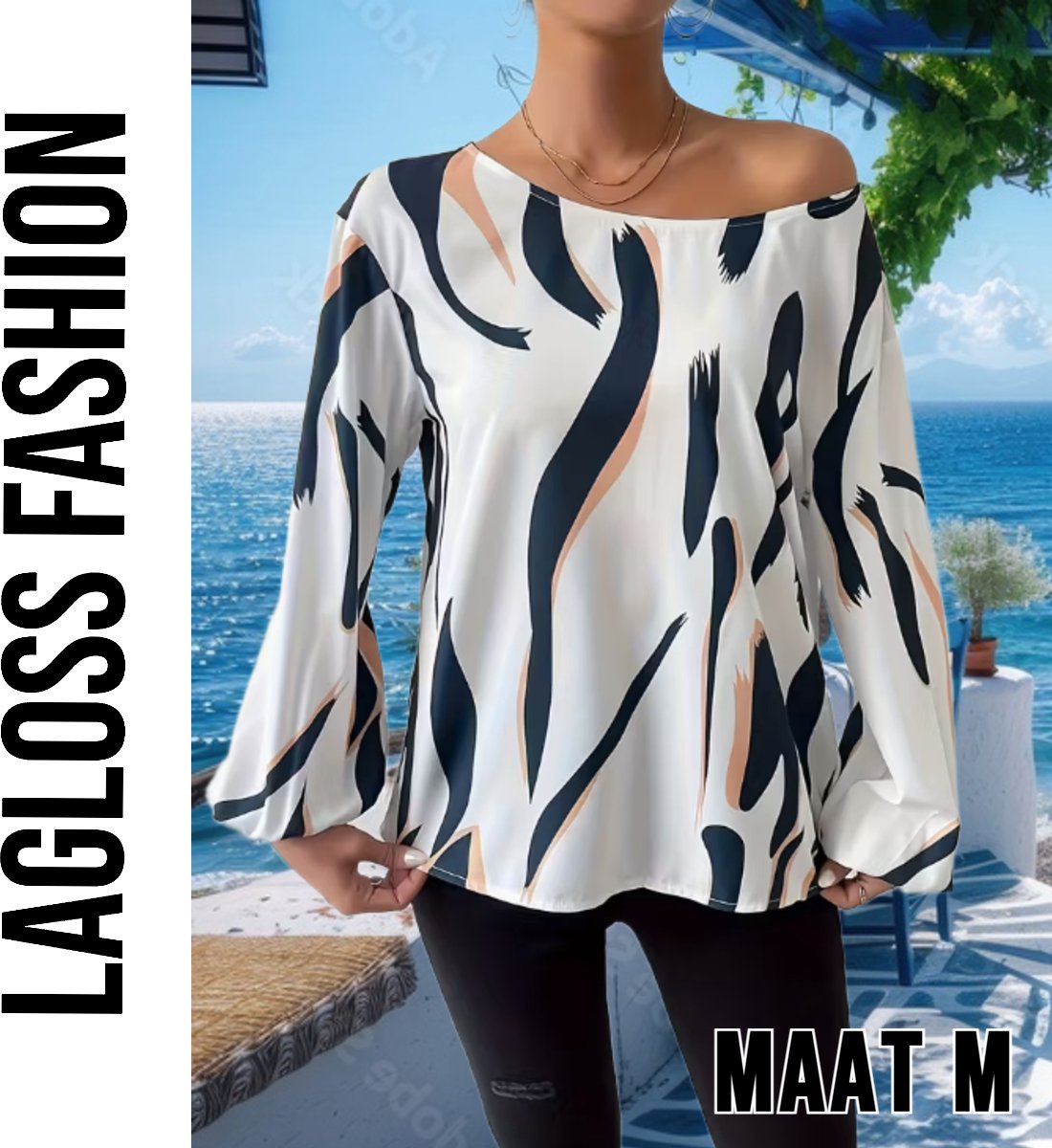 LaGloss® Dames Blouse – Blauw-Wit Abstracte Print – Lange Mouwen – Ronde Hals – Modieuze Elegante Voorjaars- & Herfsttop – Maat M