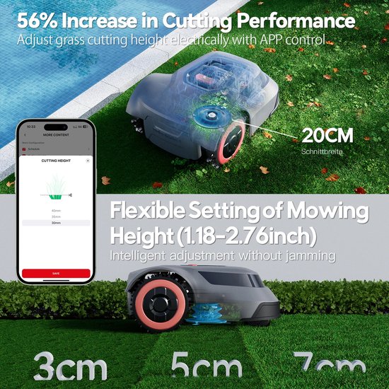 CYRO - Robotgrasmaaier - Robot grasmaaier - Grasmaaier - 100m²/uur - 20cm maaibreedte - Automatisch maaien tot wel 1000m² - App Bediening - Automatisch Opladen - Grasmaaier Robot - 70 minuten looptijd - Detectie van draden - Grijs van CYRO — afbeelding 4