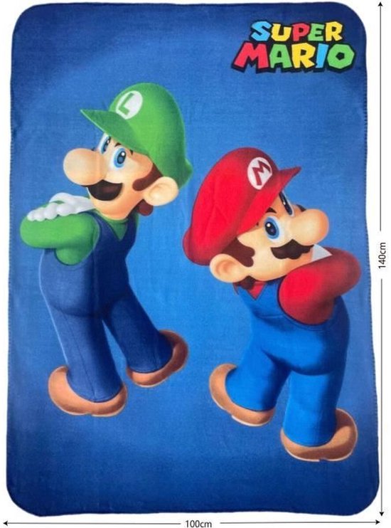 Super Mario deken (100x140cm) met Mario en Luigi op blauwe achtergrond.