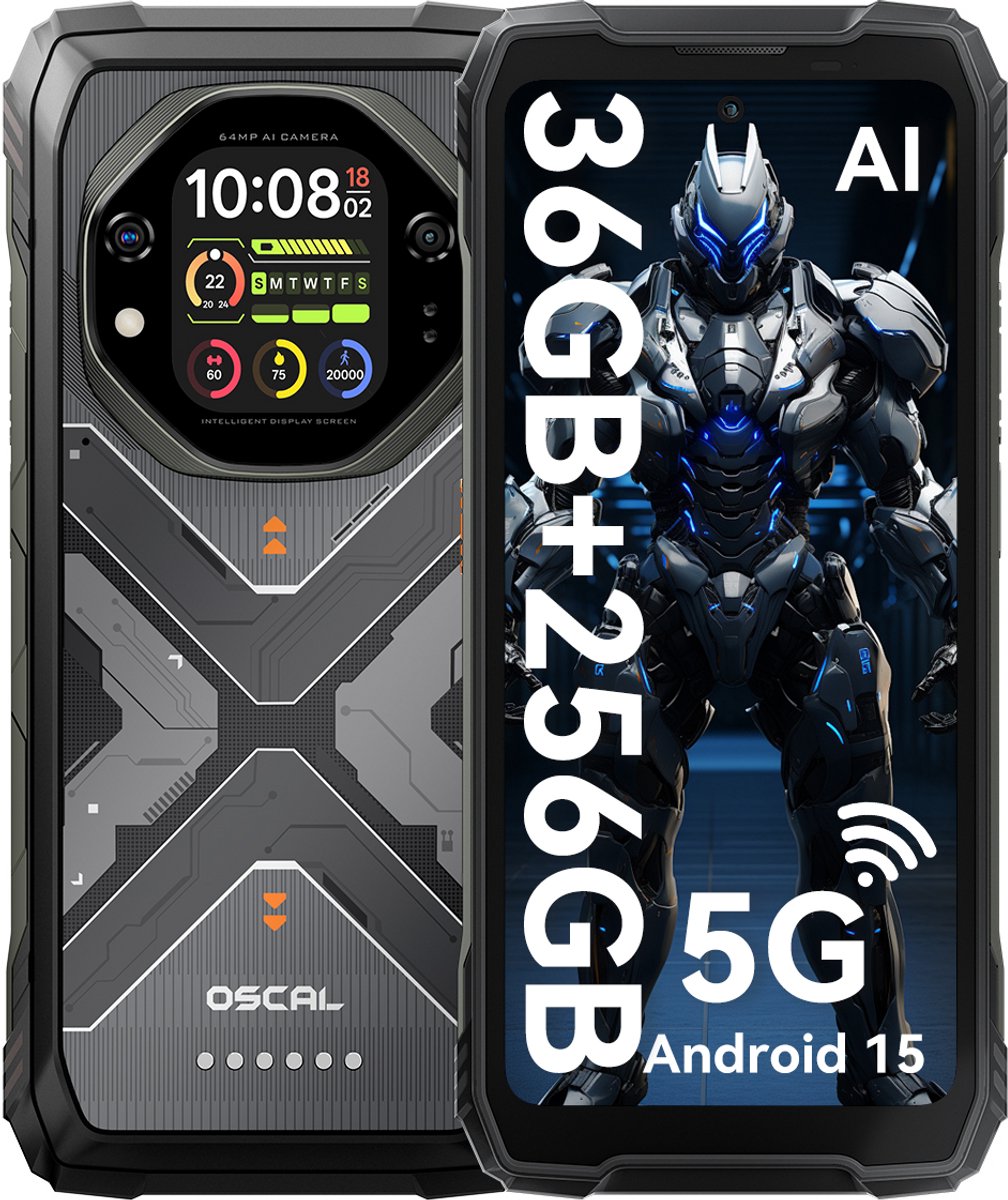OSCAL TANK 1 - Robuuste Smartphone - 5G - 36GB RAM - 256GB ROM - 20000mAh - 6.78 inch FHD+ 120Hz - MTK Dimensity 7050 - 64MP+50MP+20MP Nachtzicht - Android 15 - AI Robuuste Telefoon - NFC - IP68/IP69K/GPS - Zwart
