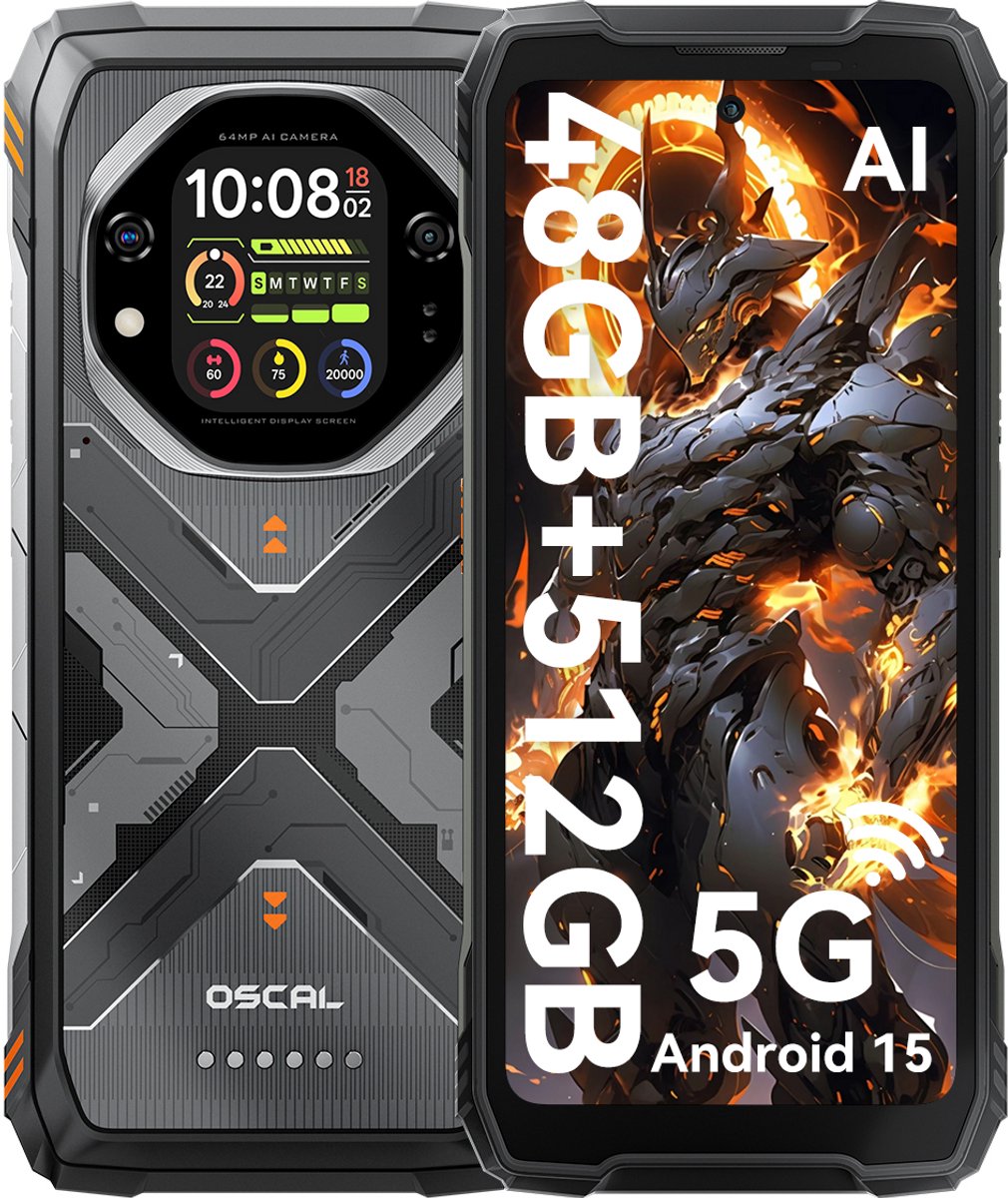 OSCAL TANK 1 - Robuuste Smartphone - 5G - 48GB RAM - 512GB ROM - 20000mAh - 6.78 inch FHD+ 120Hz - MTK Dimensity 7050 - 64MP+50MP+20MP Nachtzicht - Android 15 - AI Robuuste Telefoon - NFC - IP68/IP69K/GPS - Oranje