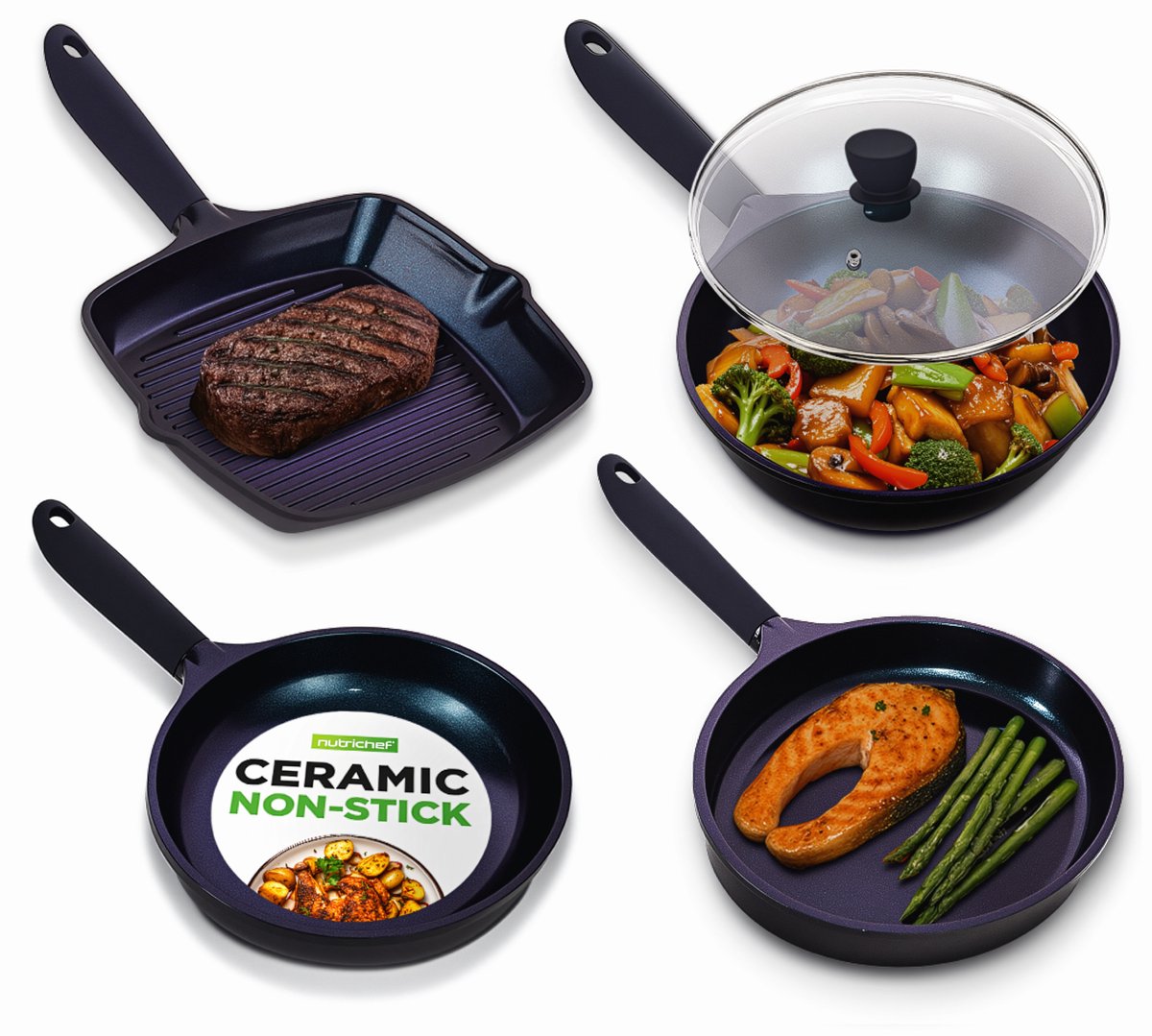 NutriChef Koekenpannenset – 4-delige Antiaanbak keramische pannenset met wok, grill-, bak- en vispan – Geschikt voor alle kookplaten