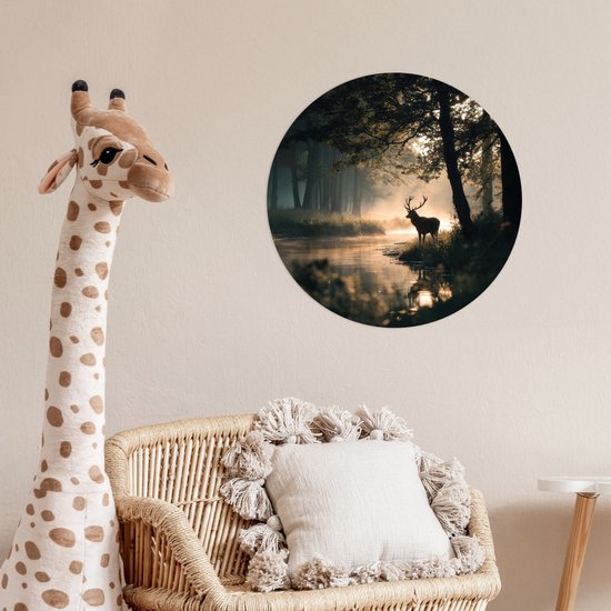 WallCircle® - Cercle de papier peint 50x50 cm - Stickers muraux Cerf - Ruisseau forestier - Mystique - Cercle mural salon - Cercle mural chambre - Décoration murale autocollante - Accessoires de Décoration murale