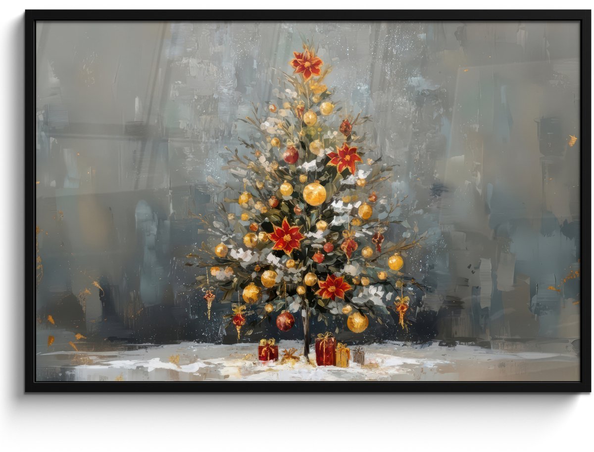 FrameYourWall Poster in lijst - Fotolijst 120x80 cm - Posters - Kerstboom - Cadeaus - Rood - Goud - Posterlijst zwart - Decoratie - Wanddecoratie woonkamer - Muurdecoratie slaapkamer - Kerstversiering - Kerstdecoratie voor binnen - Kerstmis