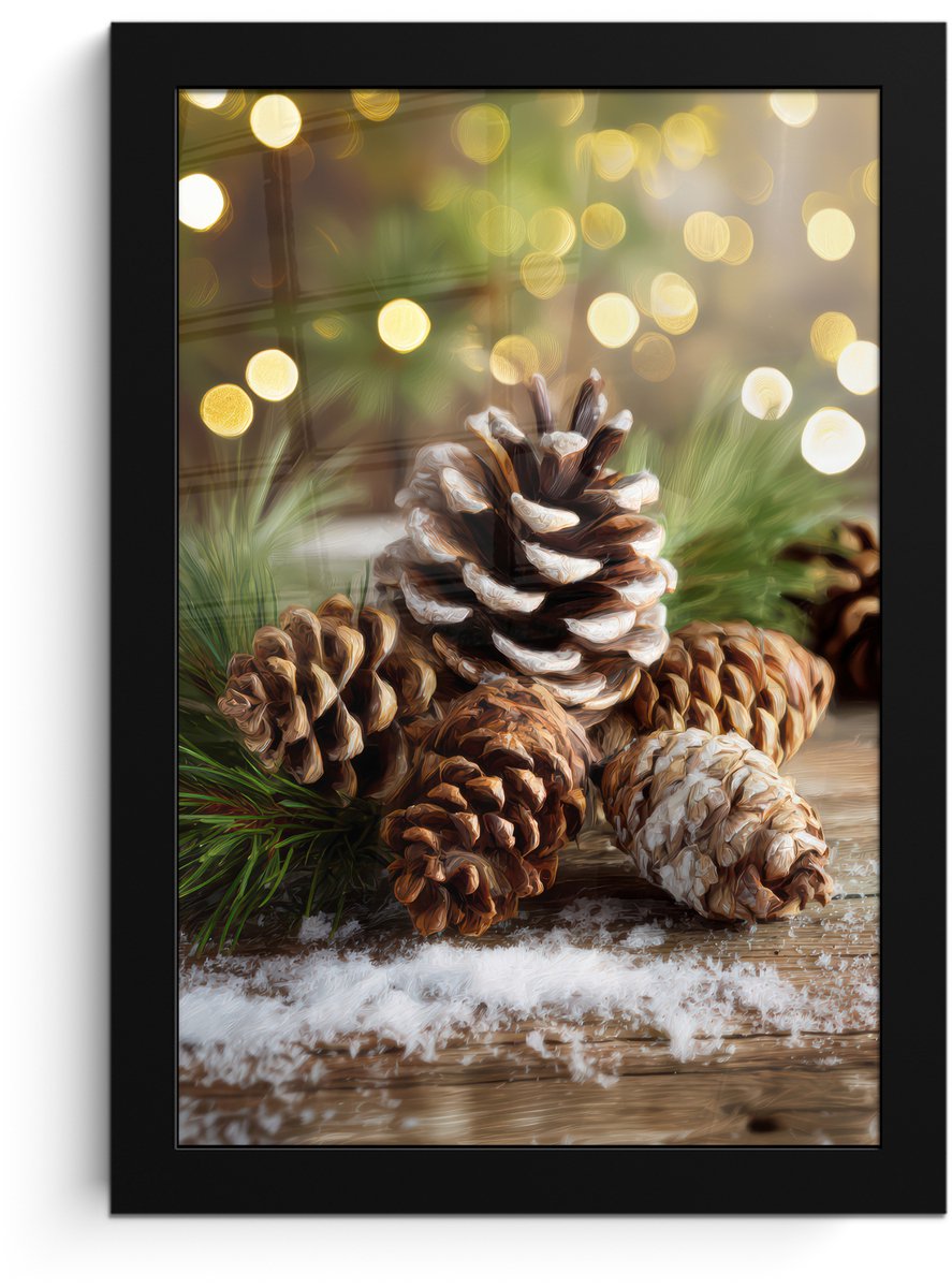 FrameYourWall Poster in lijst - Fotolijst 20x30 cm - Posters - Dennenappels - Kerstsfeer - Bruin - Groen - Posterlijst zwart - Decoratie - Wanddecoratie woonkamer - Muurdecoratie slaapkamer - Kerstversiering - Kerstdecoratie voor binnen - Kerstmis