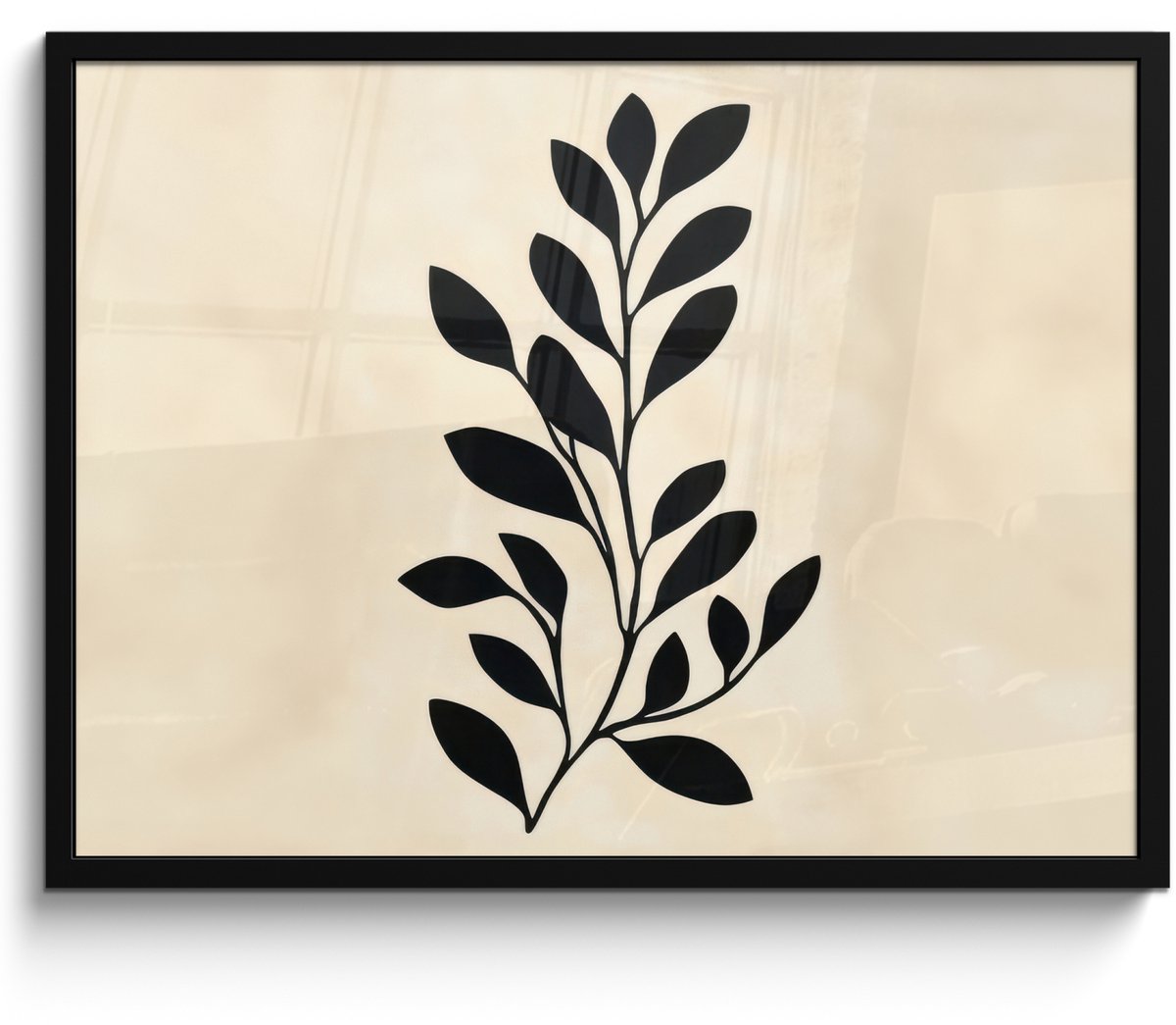 FrameYourWall Poster in lijst - Fotolijst 80x60 cm - Posters - Minimalistisch - Tak - Bladeren - Zwart - Posterlijst zwart - Decoratie - Wanddecoratie woonkamer - Muurdecoratie slaapkamer