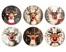 Set van 6 houten kerst onderzetters met rendieren "Rudolph the red nosed reindeer", sneeuw / kerstboom en kerstballen (kerstdecoratie, glas onderzetter, bierviltje, cadeau idee voor Kerstmis)