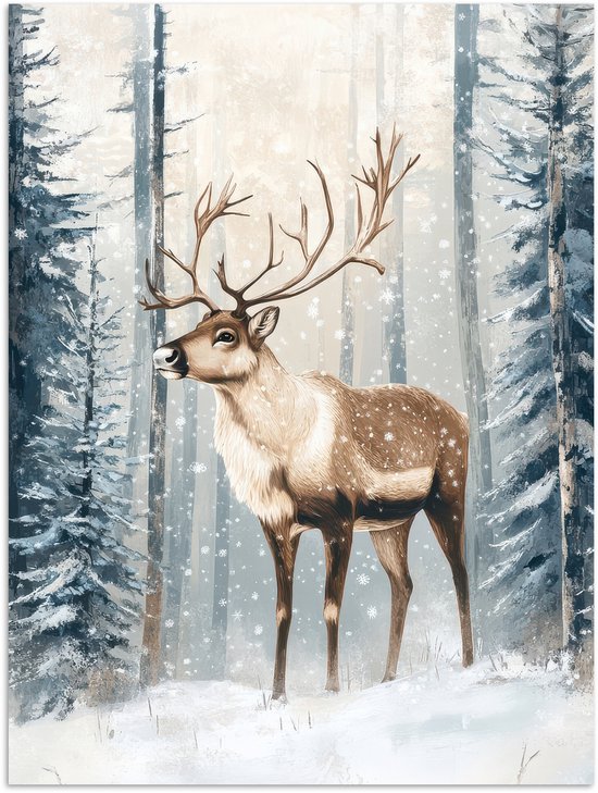 Poster 30x40 cm - Rendier - Sneeuw - Woud - Wit - Posters - Kamer decoratie - Wanddecoratie woonkamer - Muurdecoratie slaapkamer