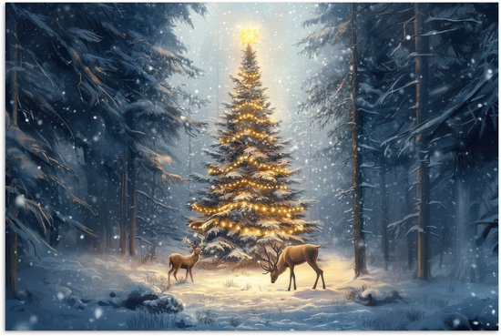 Poster 60x40 cm - Kerstlicht - Woud - Hert - Donker - Posters - Kamer decoratie - Wanddecoratie woonkamer - Muurdecoratie slaapkamer - Kerstversiering - Kerstdecoratie voor binnen - Kerstmis